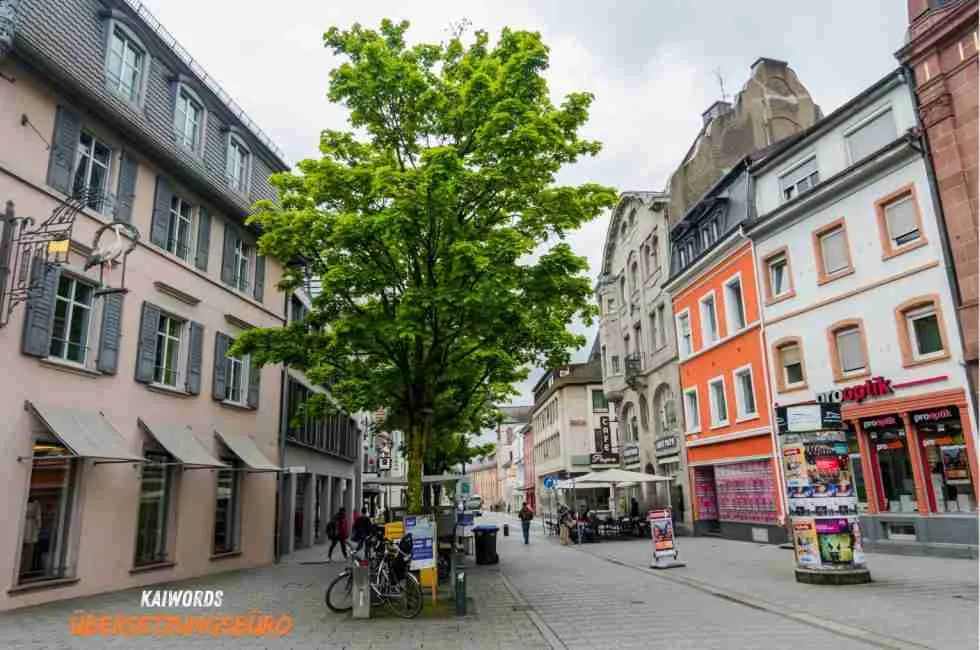 Street scene in Lörrach with historic buildings, trees and pedestrian zone - Professional interpreting services in Lörrach